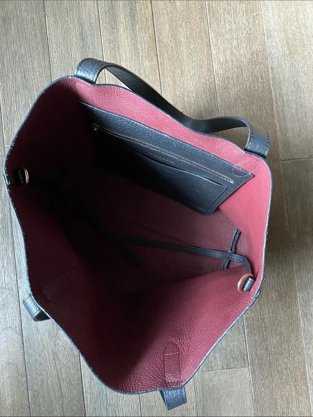 Cuyana Black Leather Tote Bag with Maroon Interior